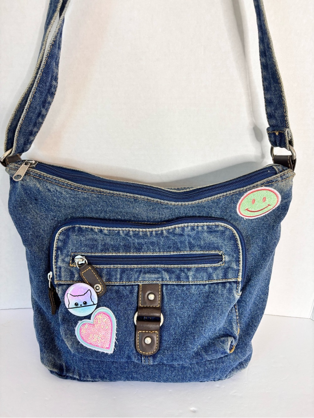 Y2K Denim Crossbody Shoulder Bag with Cute Patch Accents